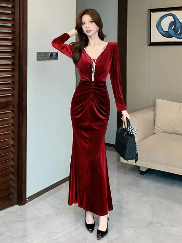 Fashionable Velvet Color Block Sequin Bodycon Long Dress Fish Tail Style Date Night Outfit High Waist Long Sleeve Women Dress