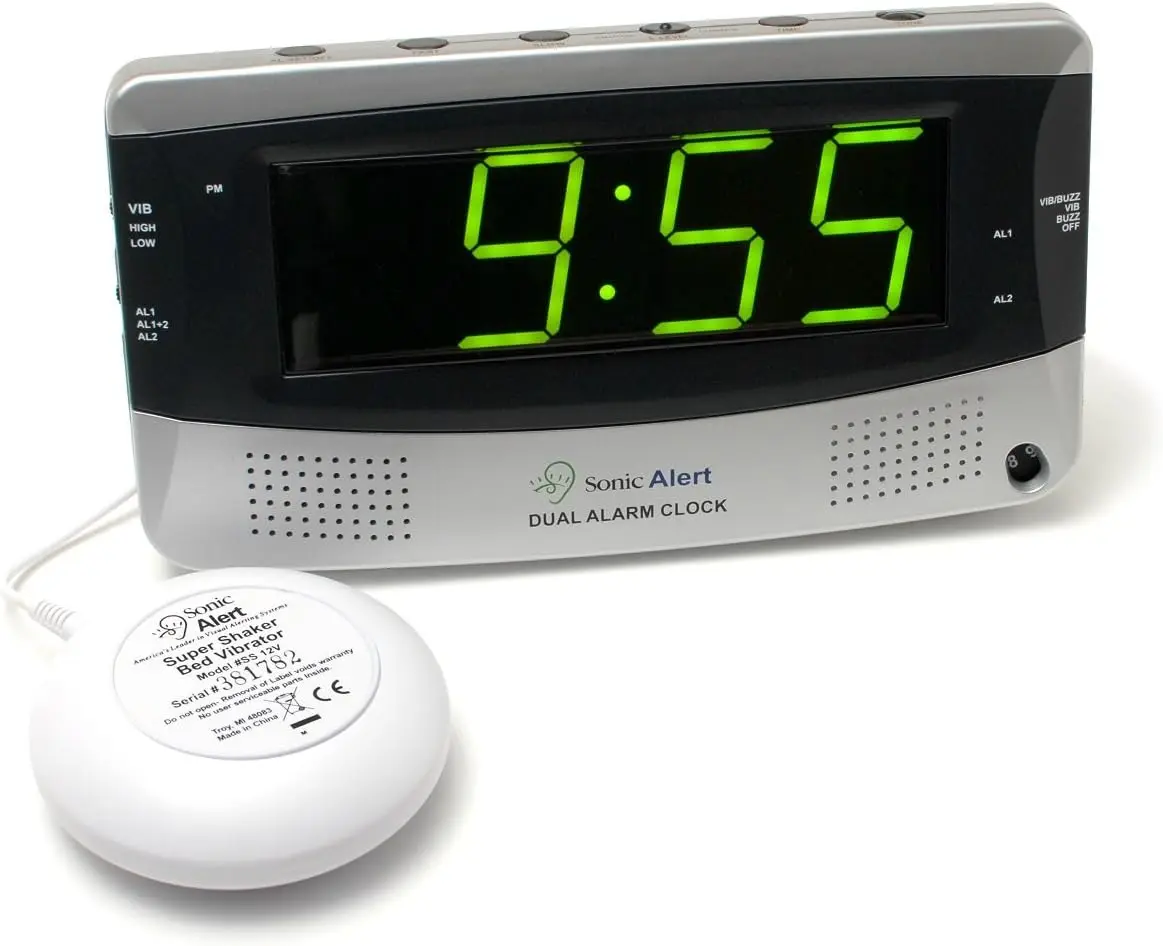 

Dual Alarm Clock with Vibrating Bed Shaker, Extra-Loud Volume & Large Display for Easy Wake-Up