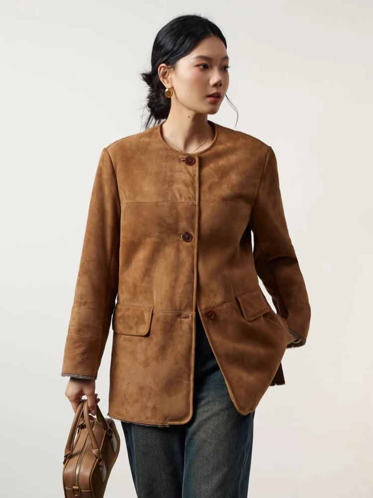 Abrigos de piel de oveja auténtica de lujo de alta gama para mujer, chaqueta de ante de invierno de piel auténtica con cuello redondo y una hilera de botones