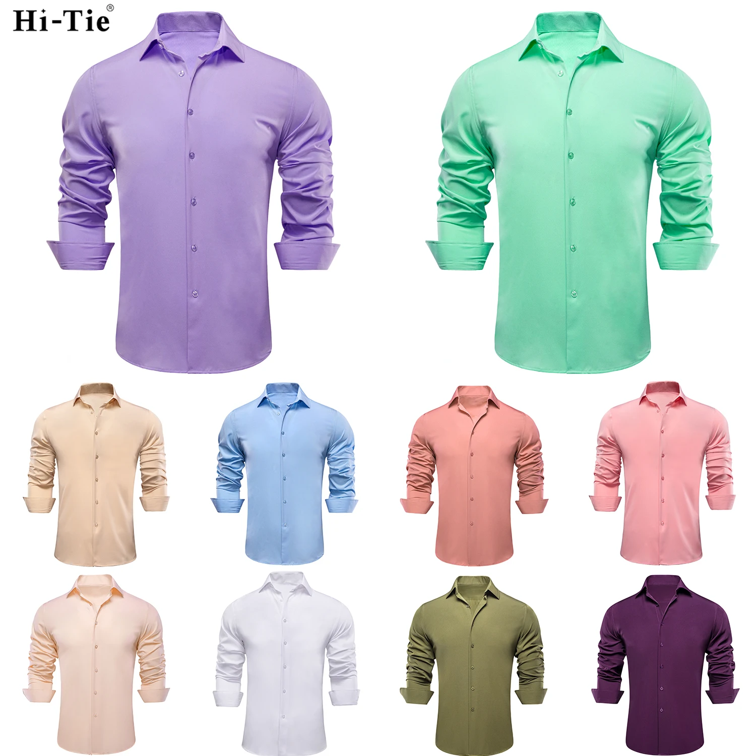 Hi-Tie Jacquard Solid Lilac Voilet Mens Silk Shirt Long Sleeve Lapel Shirt Blouse Outerwear Wedding Office Breathable Quality