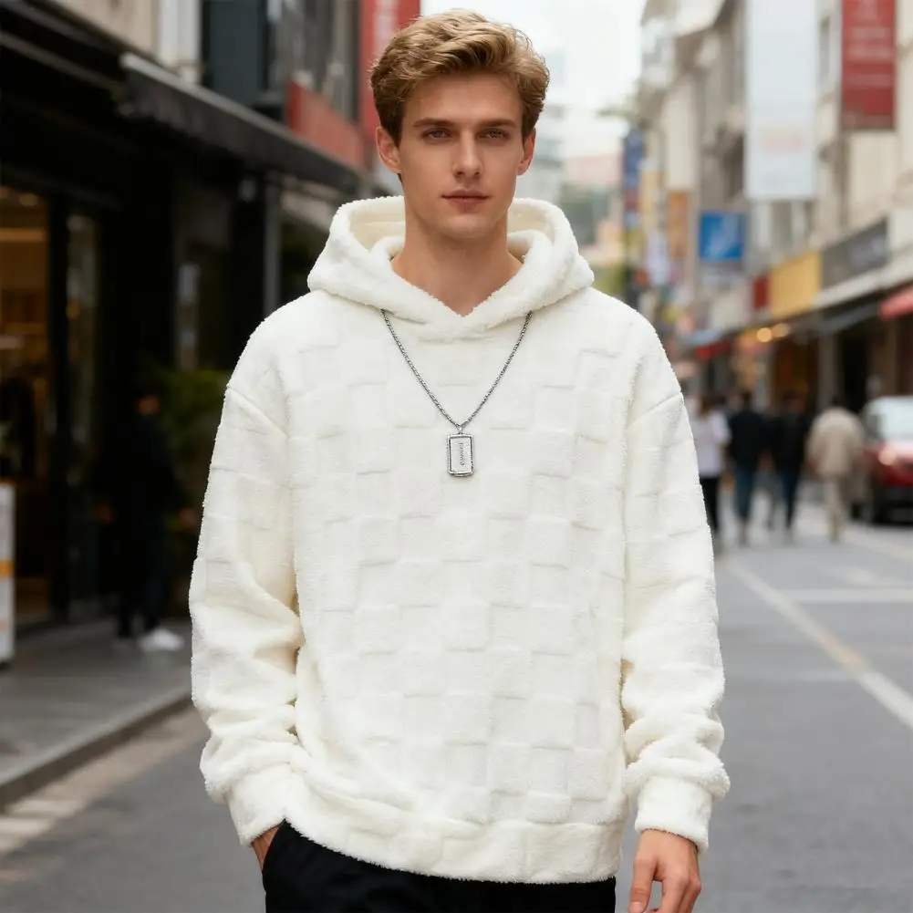 Men's Fall Winter Hoodie – Solid & Plaid Loose Pullover, Thick Plush Warm Sweatshirt with Long Sleeves, Breathable Casual Top