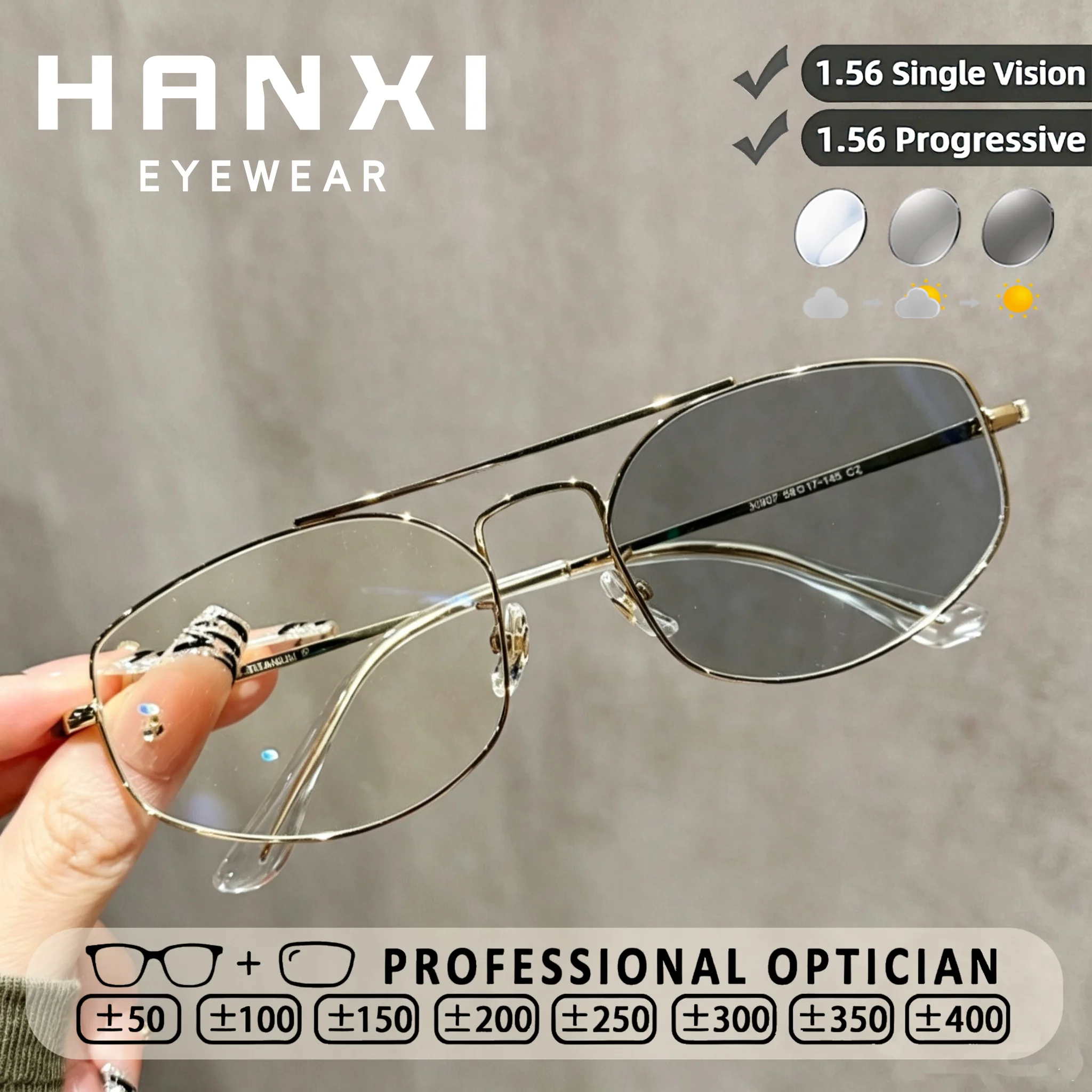HANXI Retro Pilot Titanium Frame Glasses Men Photochromic Prescription Glasses Anti Blue Light Progressive Myopia Reading Glasse