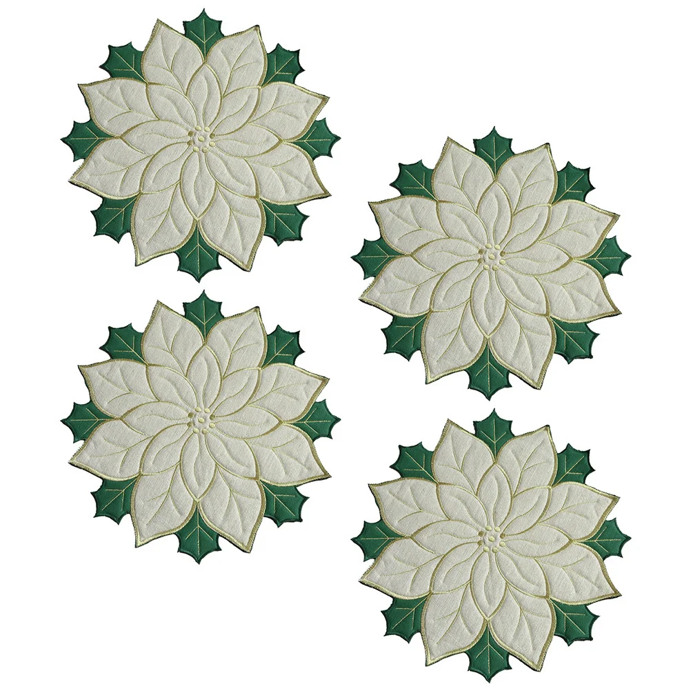 

4Pcs Christmas Embroidered Poinsettia Placemats Holiday Table Decoration Heat Resistant Insulation Dining Mats