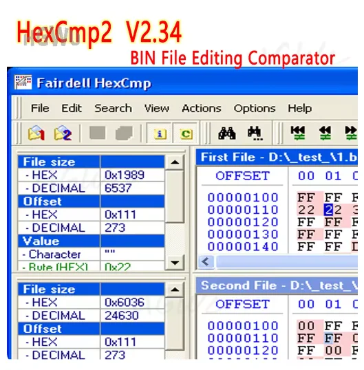 Компаратор для редактирования файлов BIN HexCmp2 V2.34 Hex Editor Необмезированный Hex Cmp Модифицированные файлы в режиме шестигранника Работа с Winols Удобный