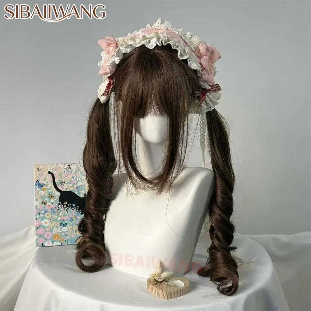 Women Brown Sweet Double Curly Ponytail Lolita Wig with Bangs Heat Resistant Synthetic Wig for Cosplay Tea Party Halloween Daily