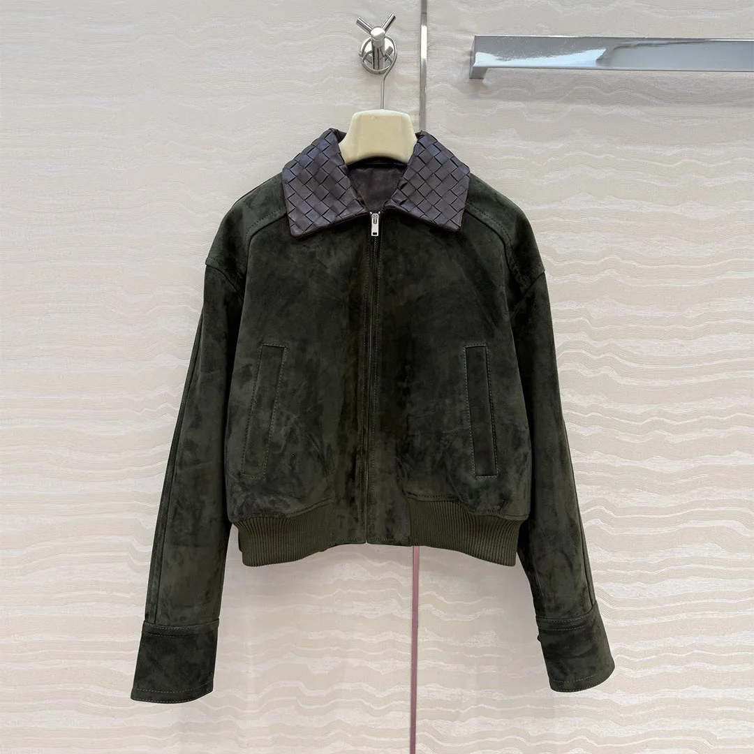 Giacca in pelle di pecora scamosciata 100% di alta qualità da donna all'uncinetto in vera pelle con risvolto manica lunga cerniera cappotto allentato verde militare vintage