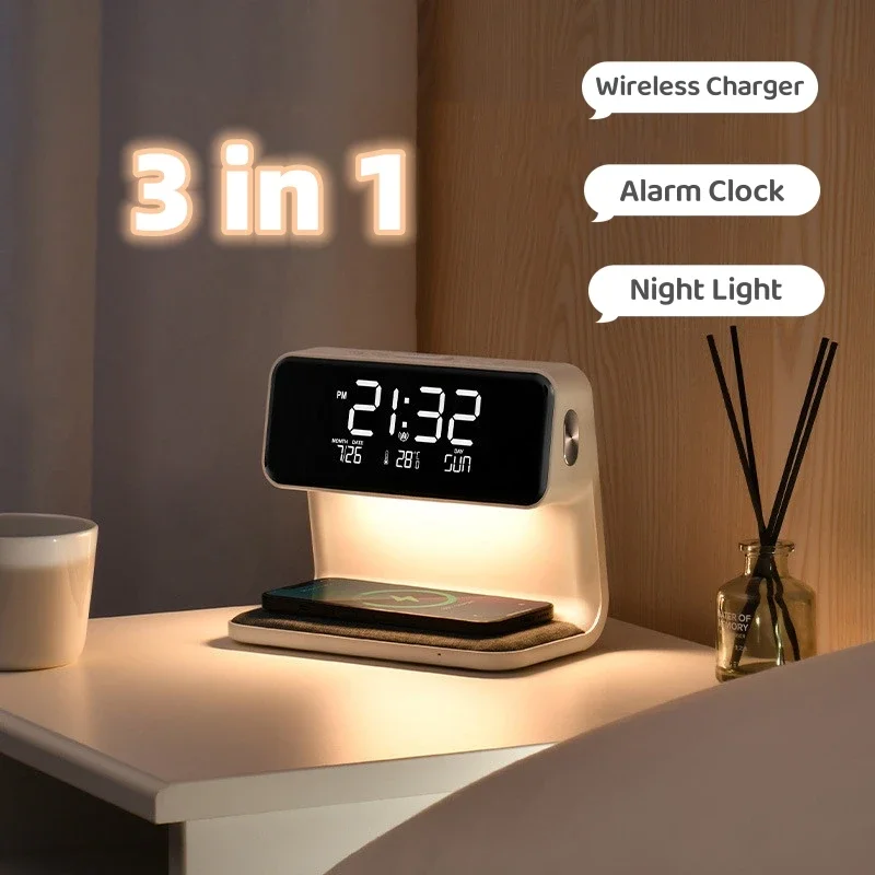 Creative 3 In 1 Bedside Lamp Wireless Charging LCD Screen Alarm Clock Wireless Phone Charger For Iphone Home Decor Night Light