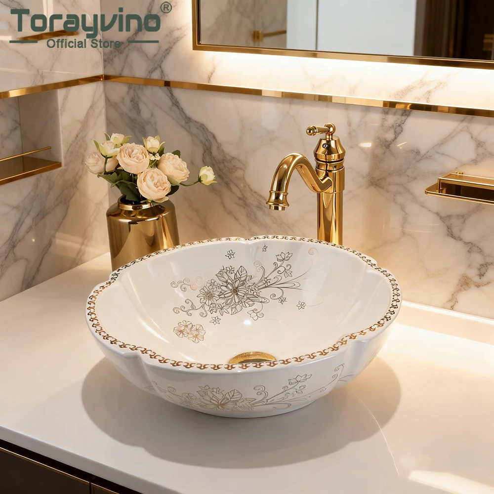 Torayvino Flower Ceramic Bathroom Basin Sink Above Counter Art Vessel sink Vainty Bowl with Mixer Water Tap and Pop-up Drain Set