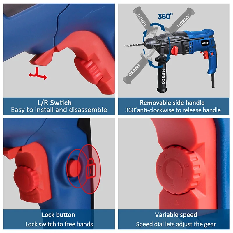 HERZO 220V 800W elektryczna młotowiertarka obrotowa 26MM SDS-PLUS 3 Fuctions przewodowy wiertarka metalowy kruszarka do betonu HRD26E