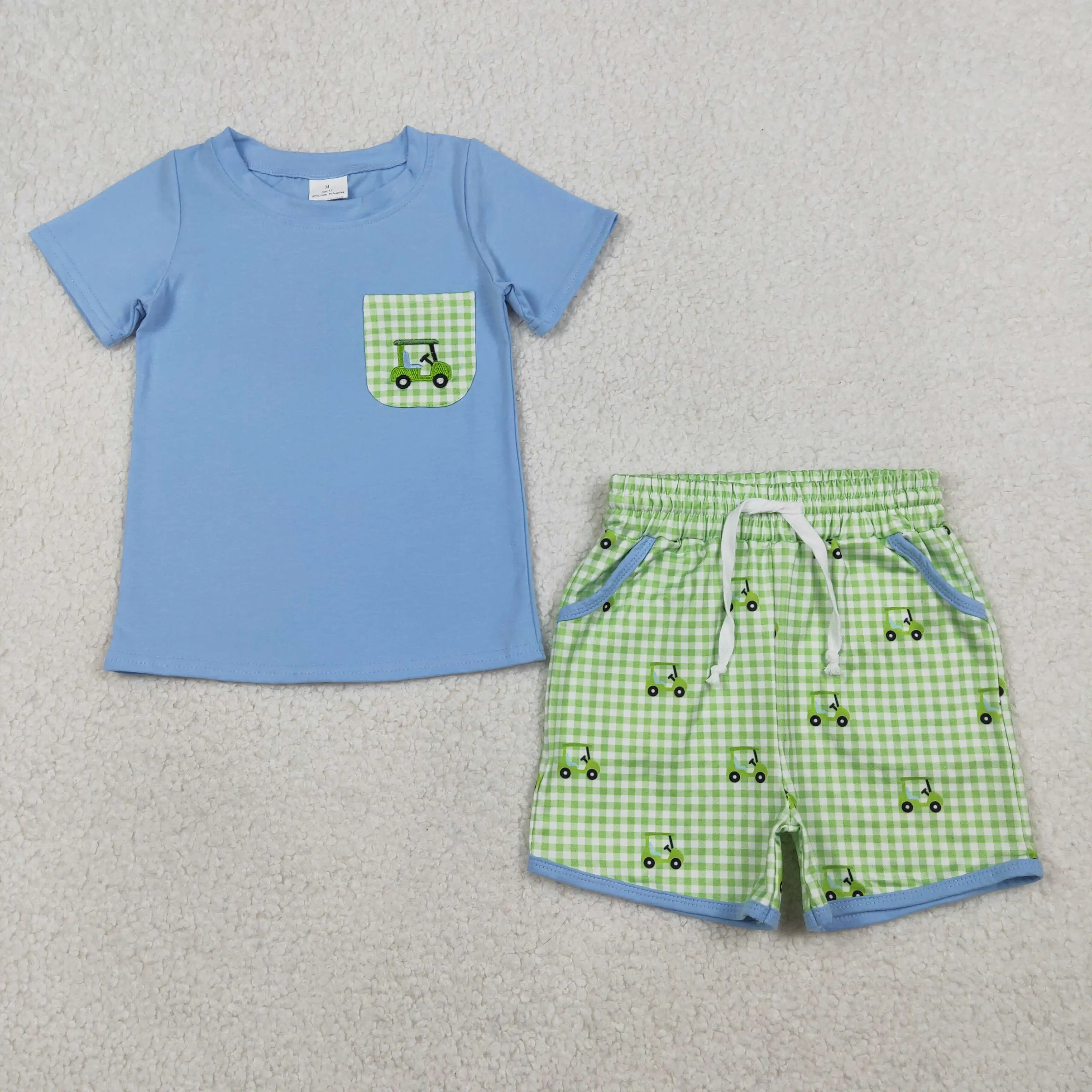 

NEW RTS Embroidery Golf Trucks Baby Boys Pockets Top Checked Shorts Clothes Sets