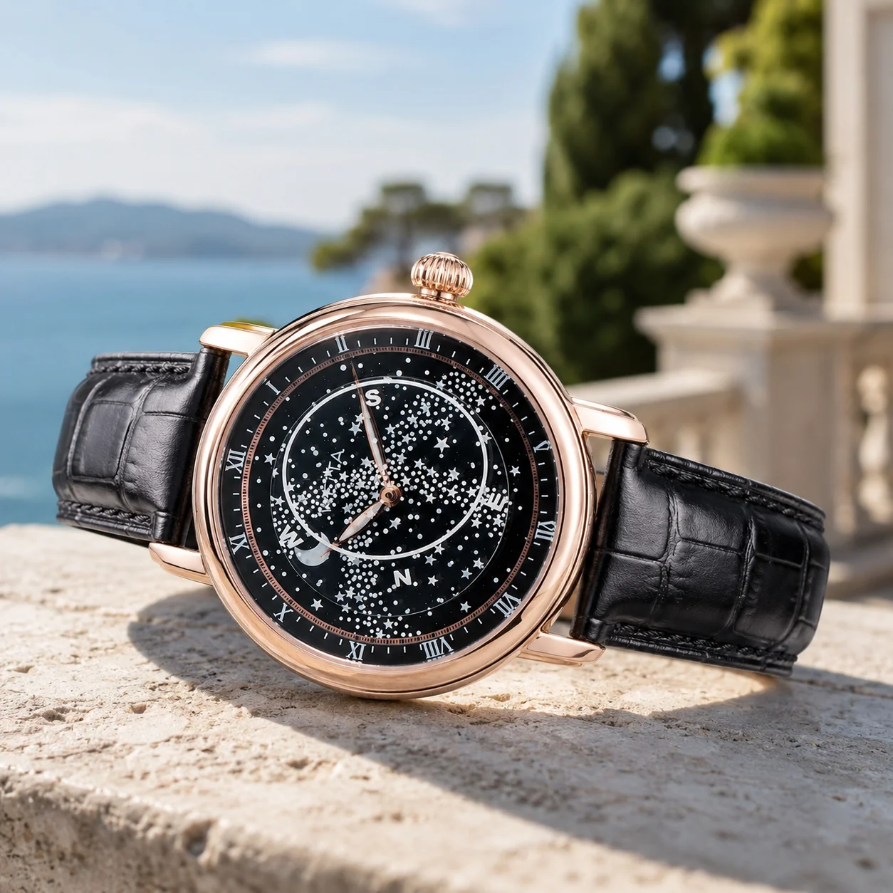 OBLVLO Men's Rose Gold Starry Sky Automatic Watch Luminous Waterproof Leather Strap Fashion Mechanical Dress Timepiece WT003