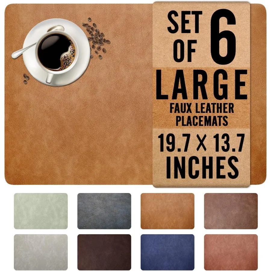 

UnivoColors Washed Cowhide Pattern Faux Leather Big Size Placemats Set of 6 Waterproof Easy to Clean AntiSlip PU Table Mats for