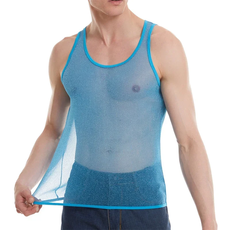 Men Undershirts Shiny Transparent Tight-fitting Sports Fitness Bottoming Vest Breathable Men Undershirt