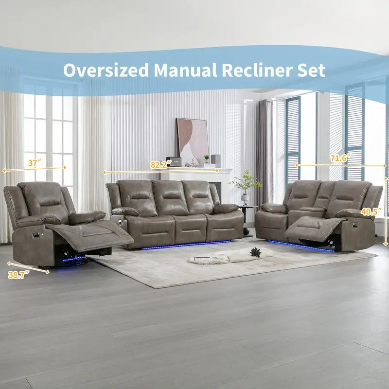 Heimkino-Liegestuhl mit LED-Lichtleiste und 2 Getränkehaltern für Wohnzimmer und Schlafzimmer, Grau