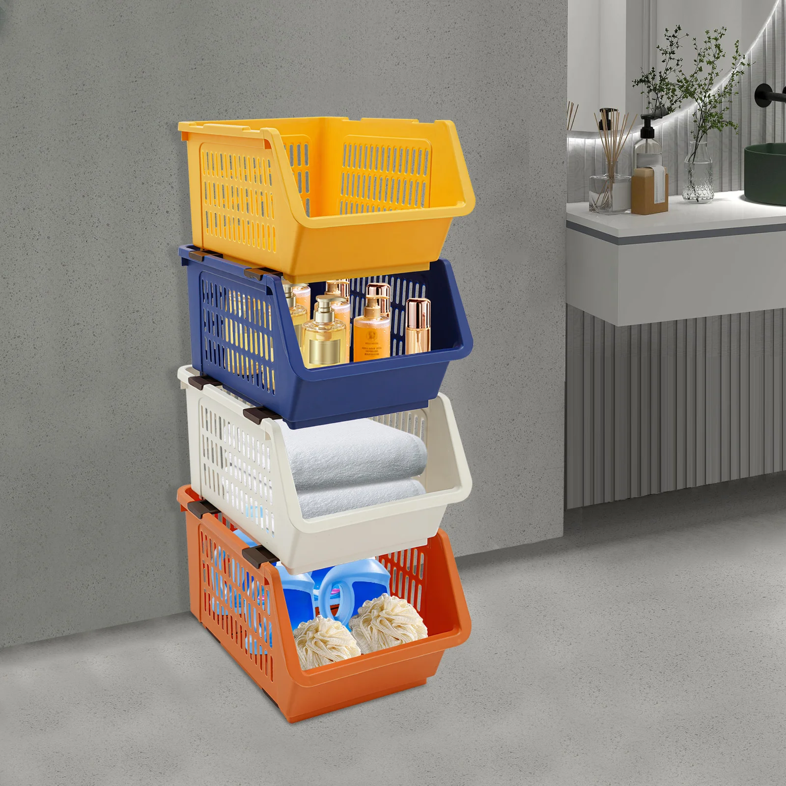 سلال تخزين قابلة للتكديس، 4 عبوات، صناديق تنظيم وحدات كبيرة، حاويات تخزين مستطيلة متعددة الاستخدامات، منظم منزلي حديث