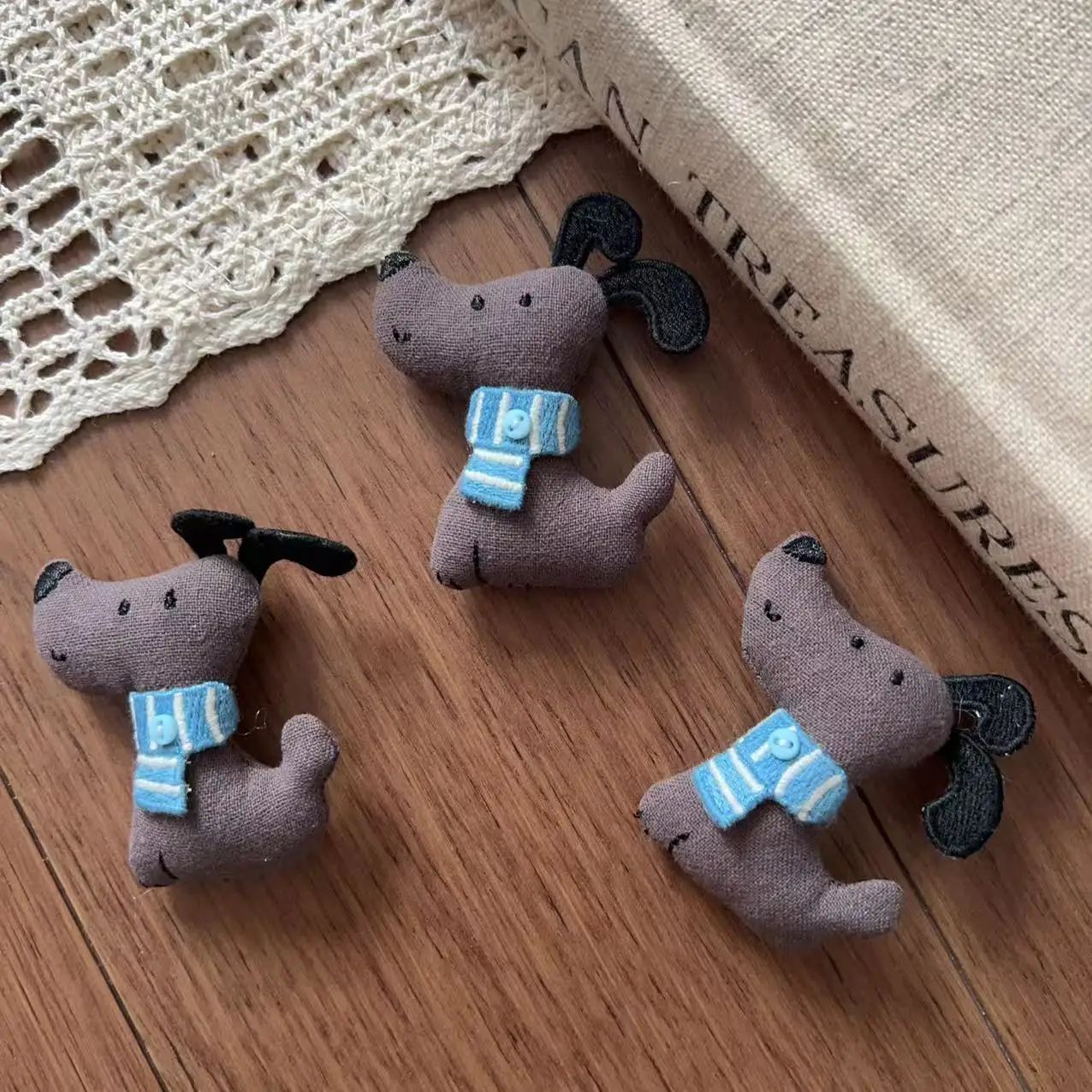 

Premium Soft Stuffed Cotton Dog Blue Scarf Hair Pin Brooch for Shoes Socks Hat Clothing Accessory Embellishment Cute
