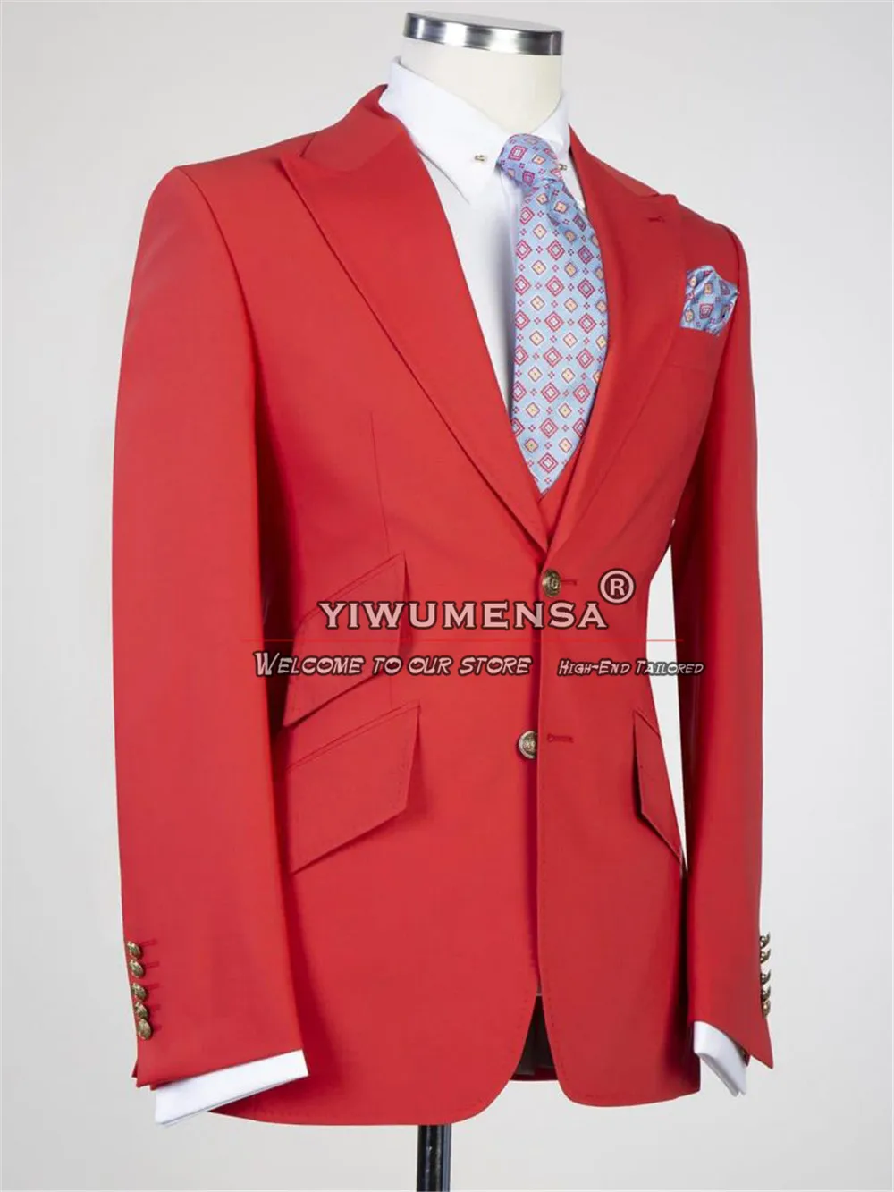 Red Young Man Wedding Suits Tailor Made 3 Pieces Groom Wear Tuxedos Banquet Prom Party Blazer Sets Male Boyfriend Marriage Dress