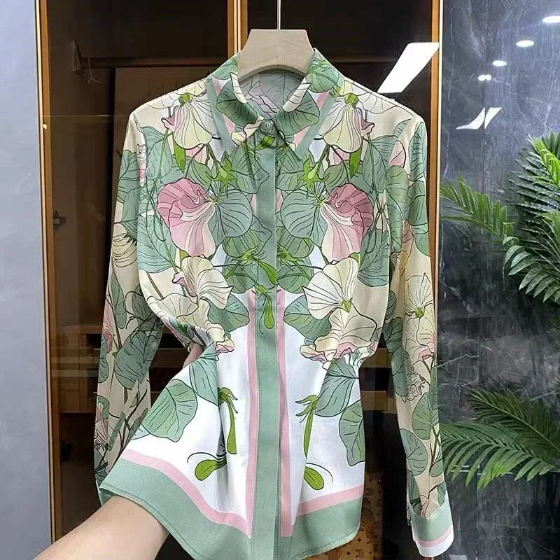 S-3XL Vintage Print Women Blouses Runway Baroque Elegant Office Ladies Long Sleeve Shirts Tops Blusas De Mujer Блузки