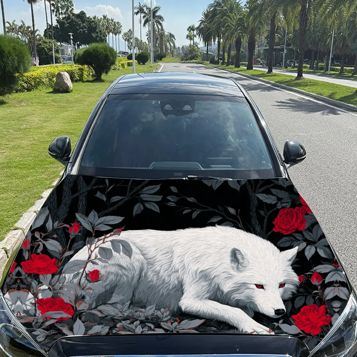 Realm of White Wolf und Red Roses Auto-Vinylfolie, wasserdichter Autohaubenaufkleber aus PVC-Material, selbstklebender, kratzfester Stic