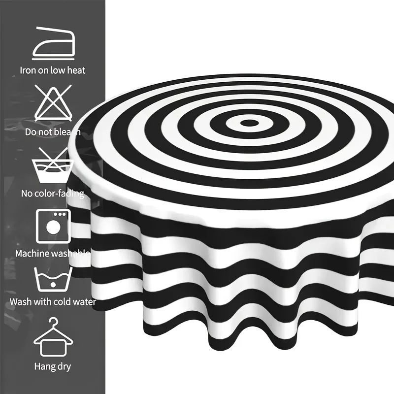 One fashionable black and white striped round tablecloth - diameter 60 inches, anti-wrinkle polyester materialzyc