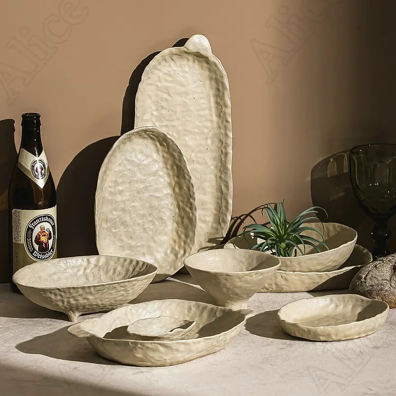 Creative Irregular Dishes and Plates Sets Vintage Hand Pinch Texture Tableware Feature Hotel Dinner Plates Dessert Bowl Home