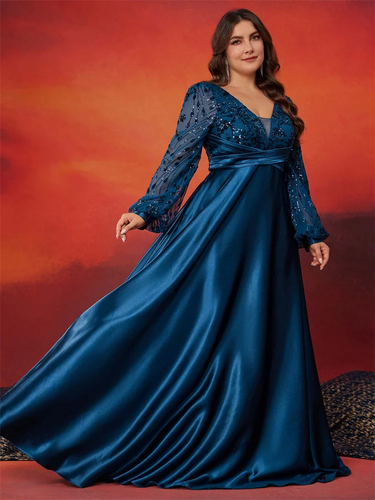 Lucyinlove plus size luxo azul cetim com decote em v vestido de noite feminino lantejoulas festa de casamento baile até o chão vestidos de cocktail