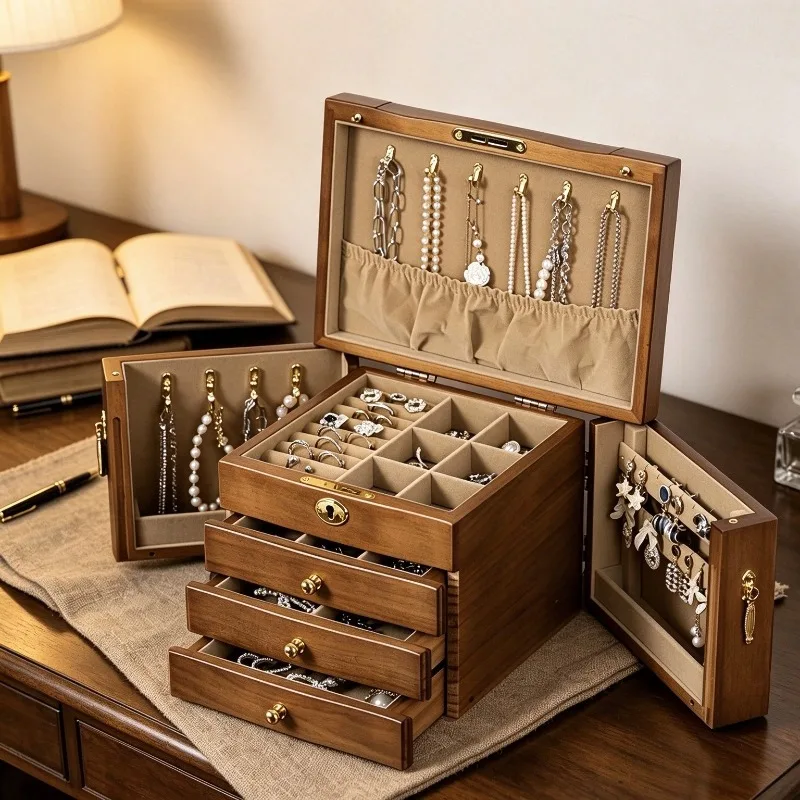 Wooden Jewelry Box Multifunctional with Lock Jewelry Boxes Large Capacity Ring Necklace Organizer Cases Luxury Trinkets Case