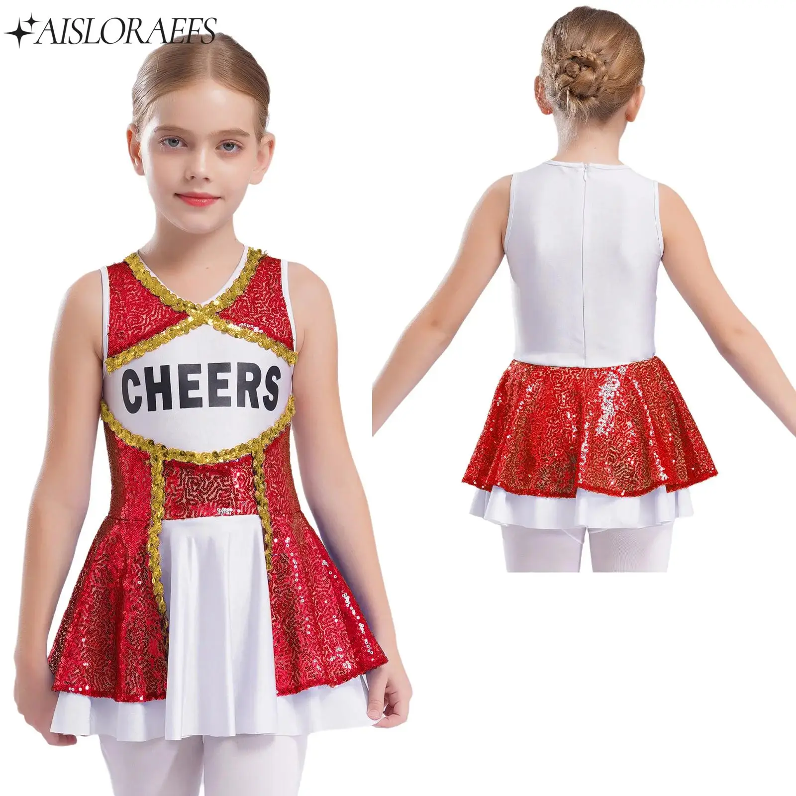 

Children Girls Cheerleading Uniforms Stage Performance Birthday Party Costume Shiny Sequins Dress Dancewear for Halloween Party