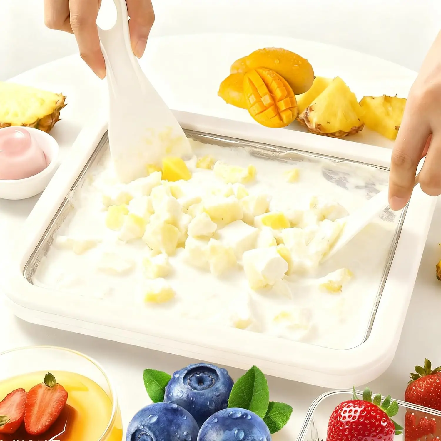 Máquina casera de yogur helado para niños, bandeja para hacer helados enrollados, máquina pequeña de acero inoxidable para freír helados.