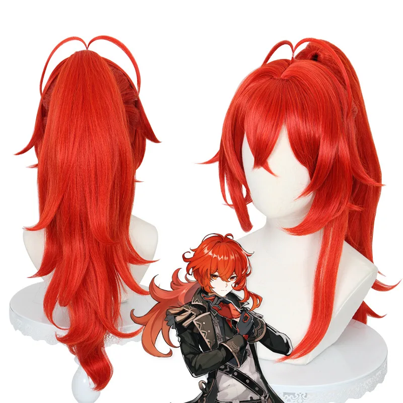 Peruca cosplay Xiu Dan Genshin Impact Diluc, estilo rabo de cavalo alto em quadrinhos noturno carmesim 466V