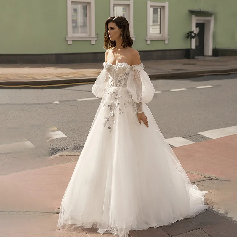 Customized 2026 Simple Sweetheart Off Shoulder A Line Wedding Dress Puff Sleeves Lace Appliques Elegant Bridal Gown Luxury Robe