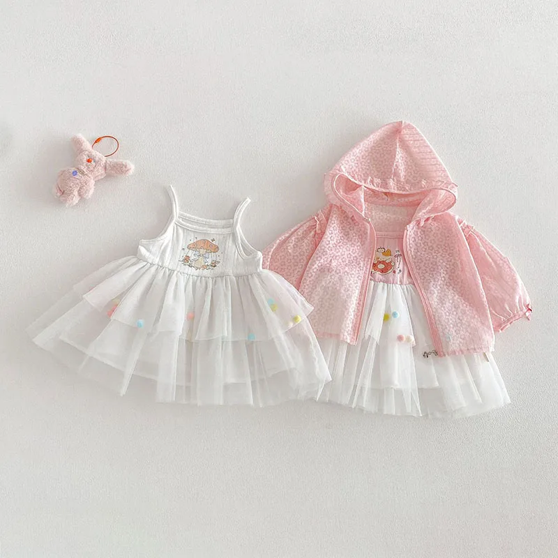 MILANCEL New Spring Girls Dress 9M-5T Cartoon Cat Children's Tiered Skirt Thin Sweet Mushroom Kids Strap Dress Baby Clothes