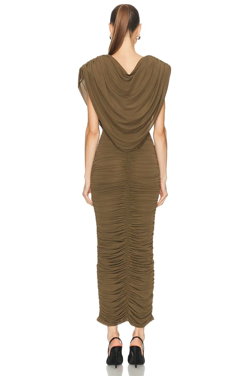 Elegant Brown Prom Dress Sexy Sleeveless V Neck Ruffles Long Sheath Party Gown Formal Wedding Guest Birthday Evening Robe view 3