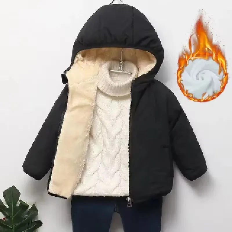 Boys Girls Thick Down Coats Winter Plus Velvet Warm Jackets Kids Lamb Wool Snowsuit Children Fur Hooded Cotton Clothing 2-6 Year