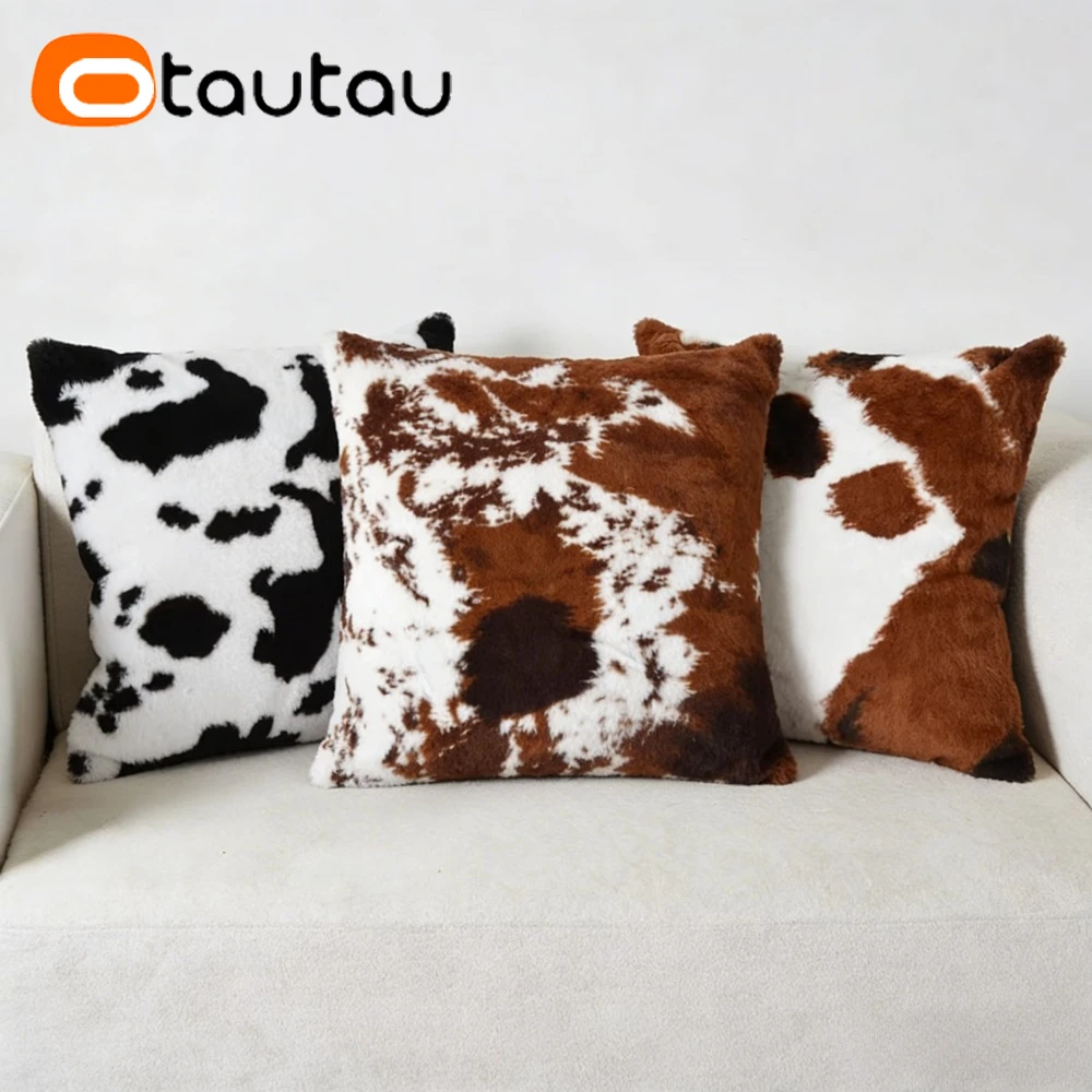 OTAUTAU 1pc Cow Print Fluffy Faux Fur Pillow Cover 30x50cm 45x45cm Throw Pillowcase KD068【No Filler!Need Buy Filler Yourself!】