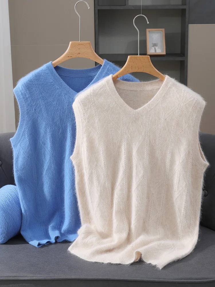 TLOML New Men's 100% Mink Cashmere Vest V-Neck Solid Cable Knit Pullover Casual Soft Autumn Winter Mink Cashmere Sleeveless Tops
