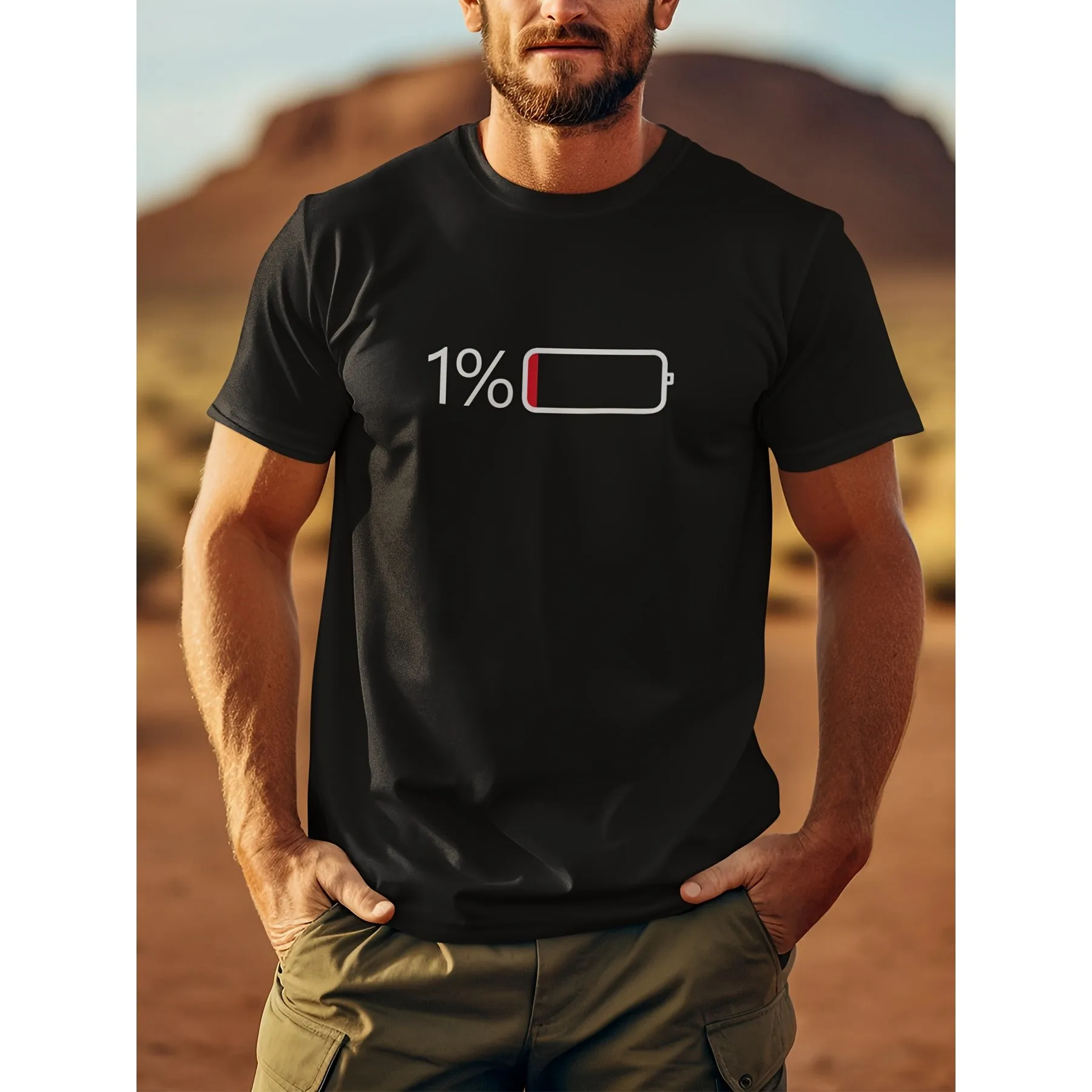 Low Battery 1 Percent Graphic T-Shirt Men's Plus Size Breathable Cotton Short Sleeve Tee Daily Wear