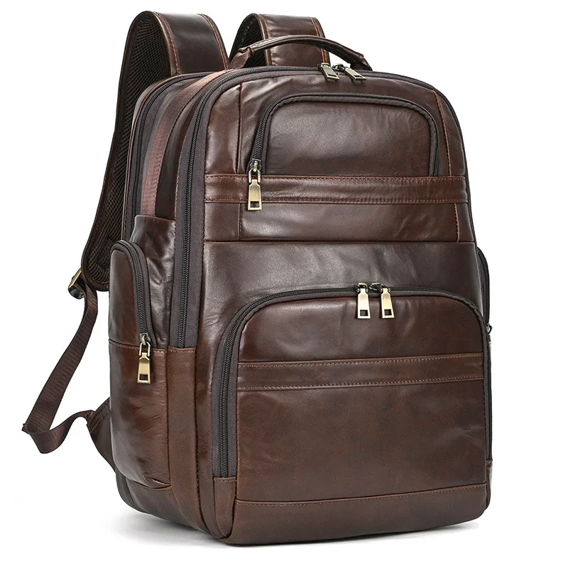 Men Large Capacity Genuine Cowhide Backpack with USB Port, Black Leather Rucksack Casual Business Travel Daily Shoulder Bag