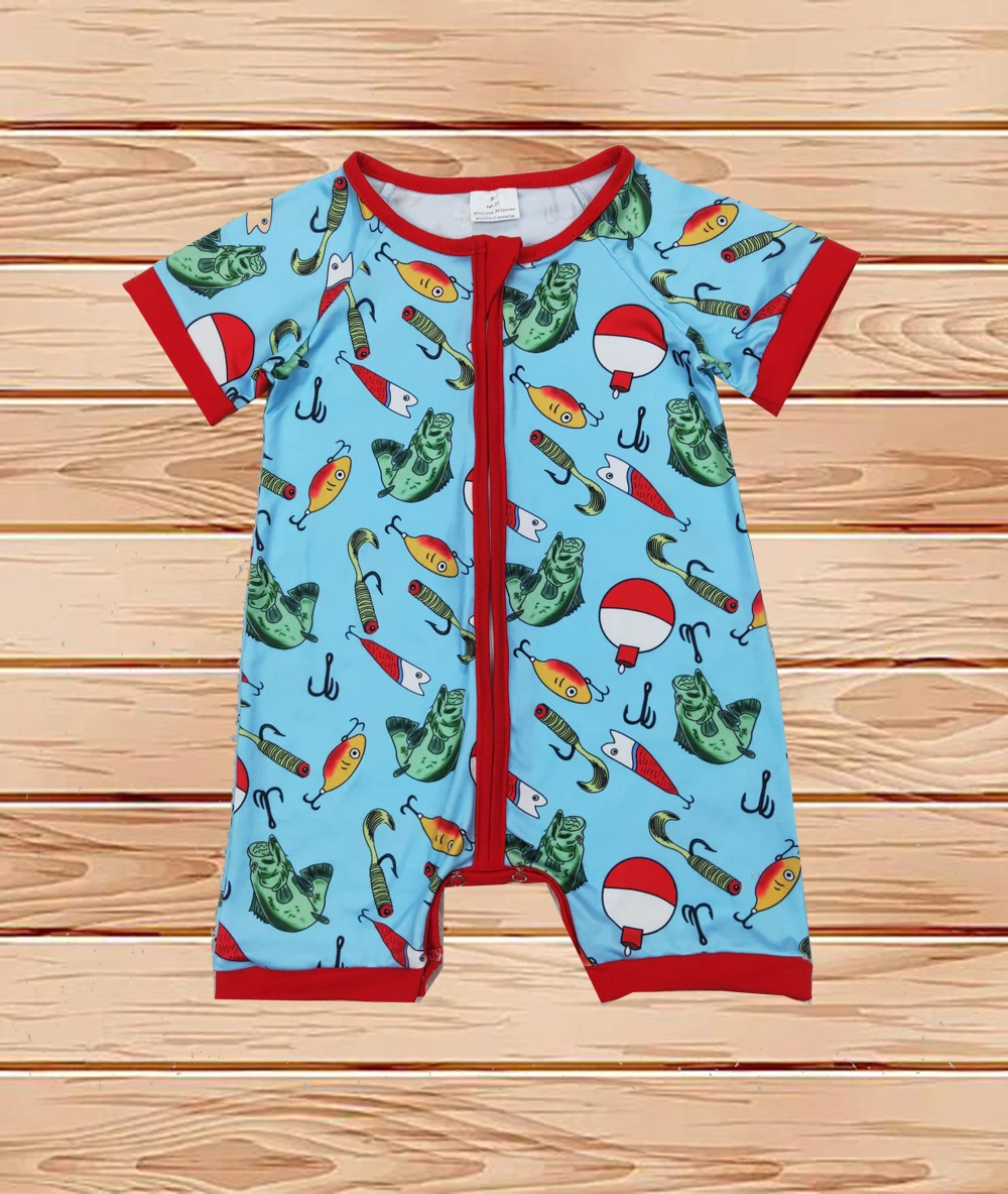 

3.31 Wholesale western boutique onesies Newborn toddler Baby Infant Boys Fishing Float Zip Rompers