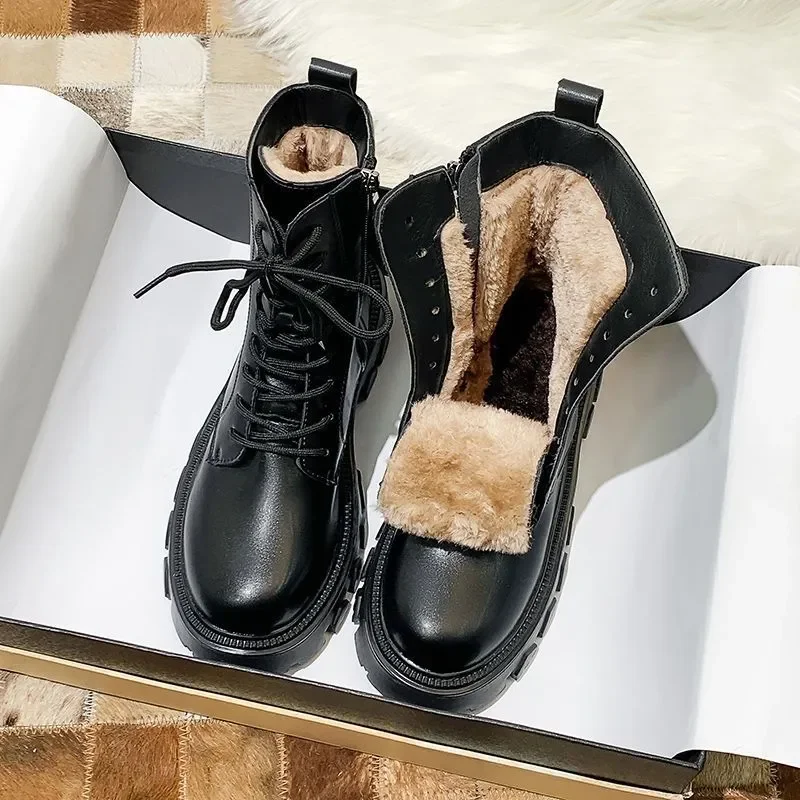 Soft Leather Snow Boots Women 2023 New Autumn Plus Velvet Cotton Shoes Designer Brand Luxury Womens Platform Heels Ankle Boots