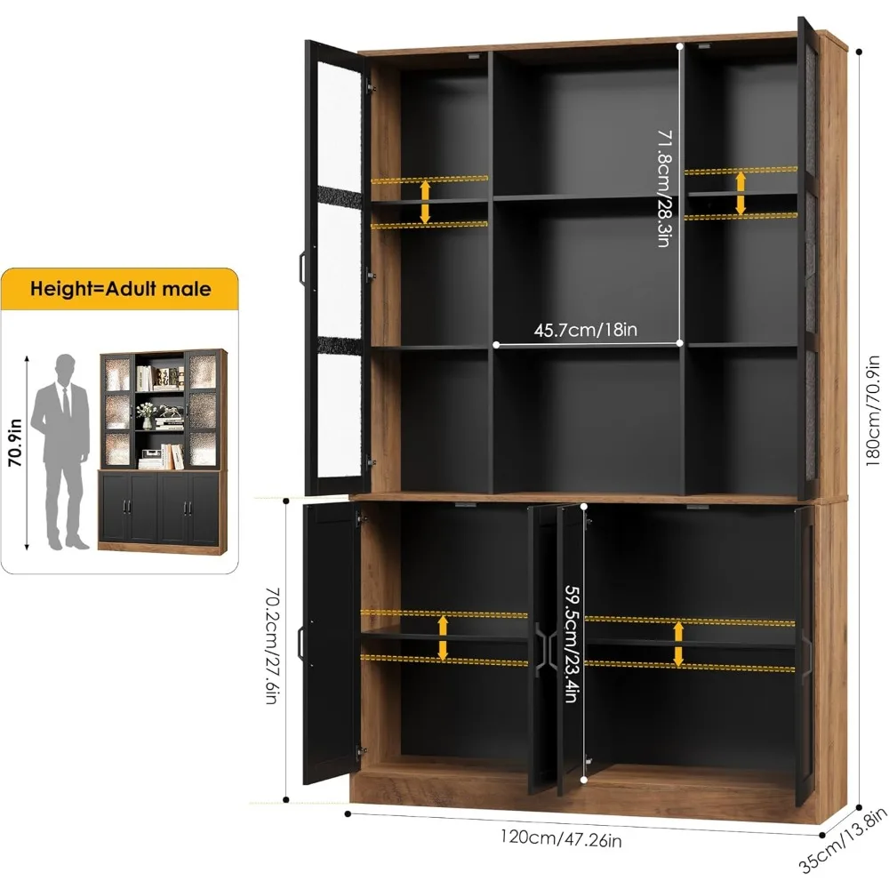 71"H zwarte boekenkast met deuren, dubbele brede boekenplank en boekenkast met deuren, grote boekenplanken opbergkast met 13 vergelijkingen