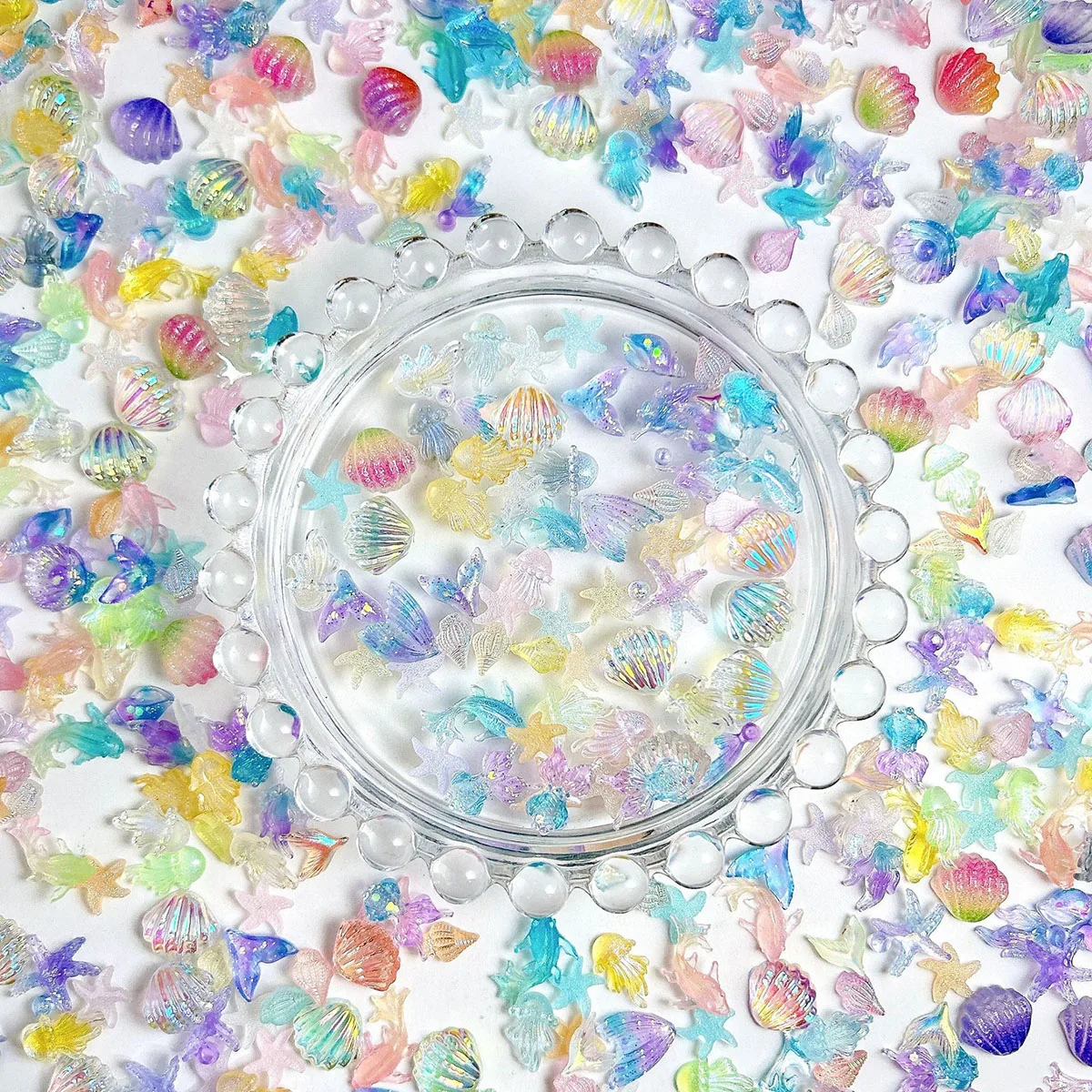 50개 랜덤 멀티 스타일 소라 네일 장식 반투명 피쉬테일 불가사리 해양 생물 시리즈 네일 DIY 액세서리