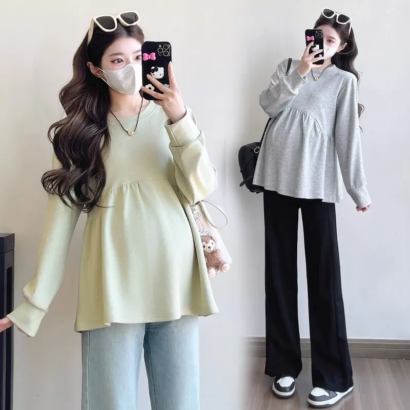 2026 New Autumn Maternity Sweatshirt Long Sleeve Plus Size Solid Color Doll Blouse For Pregnant Women Fall Daily Wear Garments