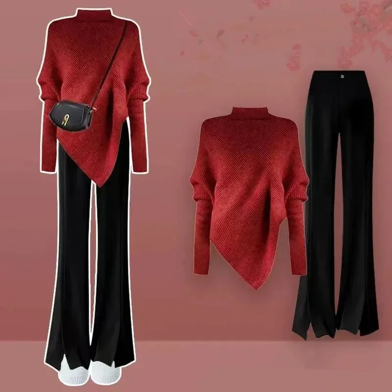 Women Autumn Winter Solid Turtleneck Shawl Sweater Wide Leg Pants Two Piece Set Lady Knitted Pullover Black Trousers Outfits