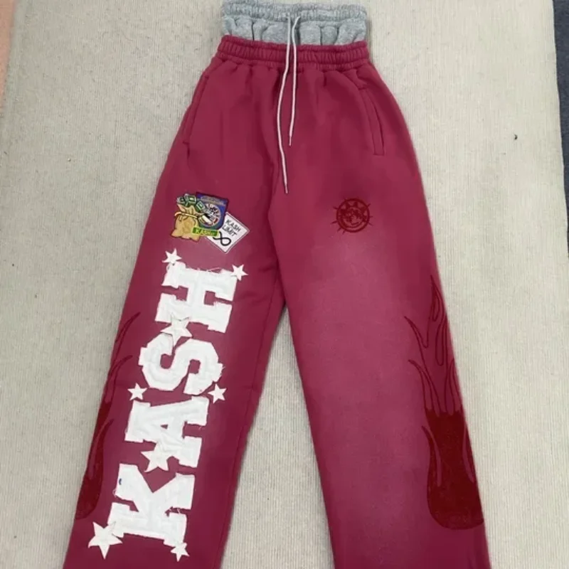 الخريف الاتجاه شارع العليا INS الرجال النساء فضفاضة عادية مستقيم الساق مزدوجة الخصر الأمريكية رسالة مطرزة الرباط السراويل #3