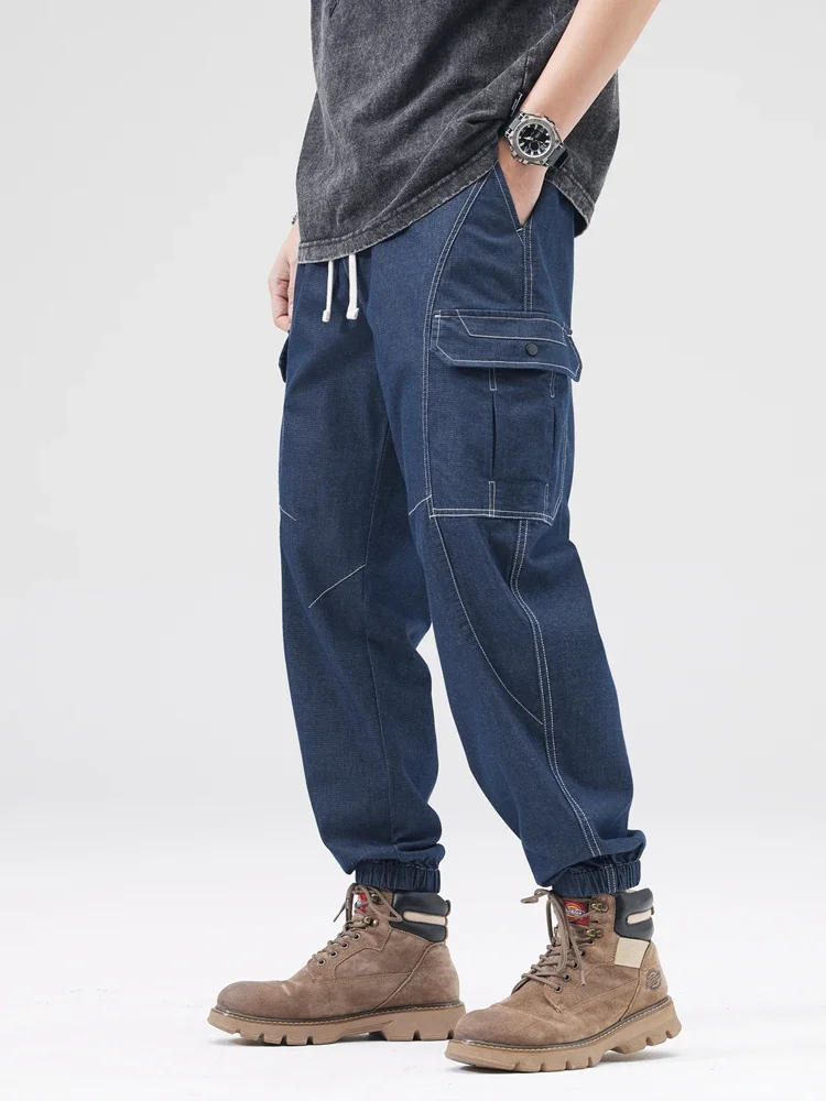 

2024 New Spring Summer Men Jeans Joggers Multi-Pockets Drawstring Waist Denim Cargo Pants Cotton Casual Loose Jean Trousers