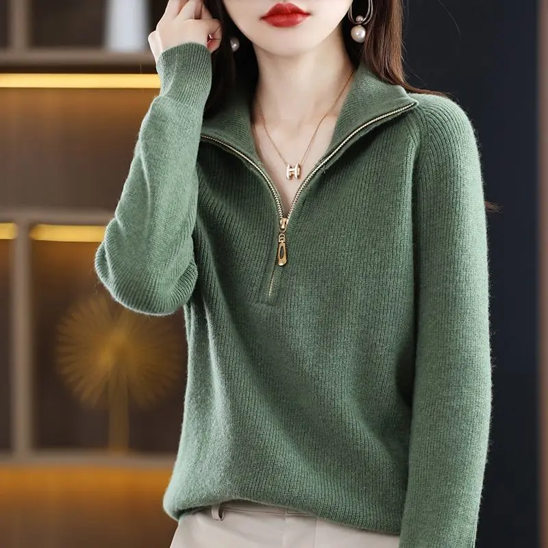 Half Open Zipper Lapel Pullover Sweater for Women's Autumn Winter New Vintage Loose Fitting Sweater for External Wear Top