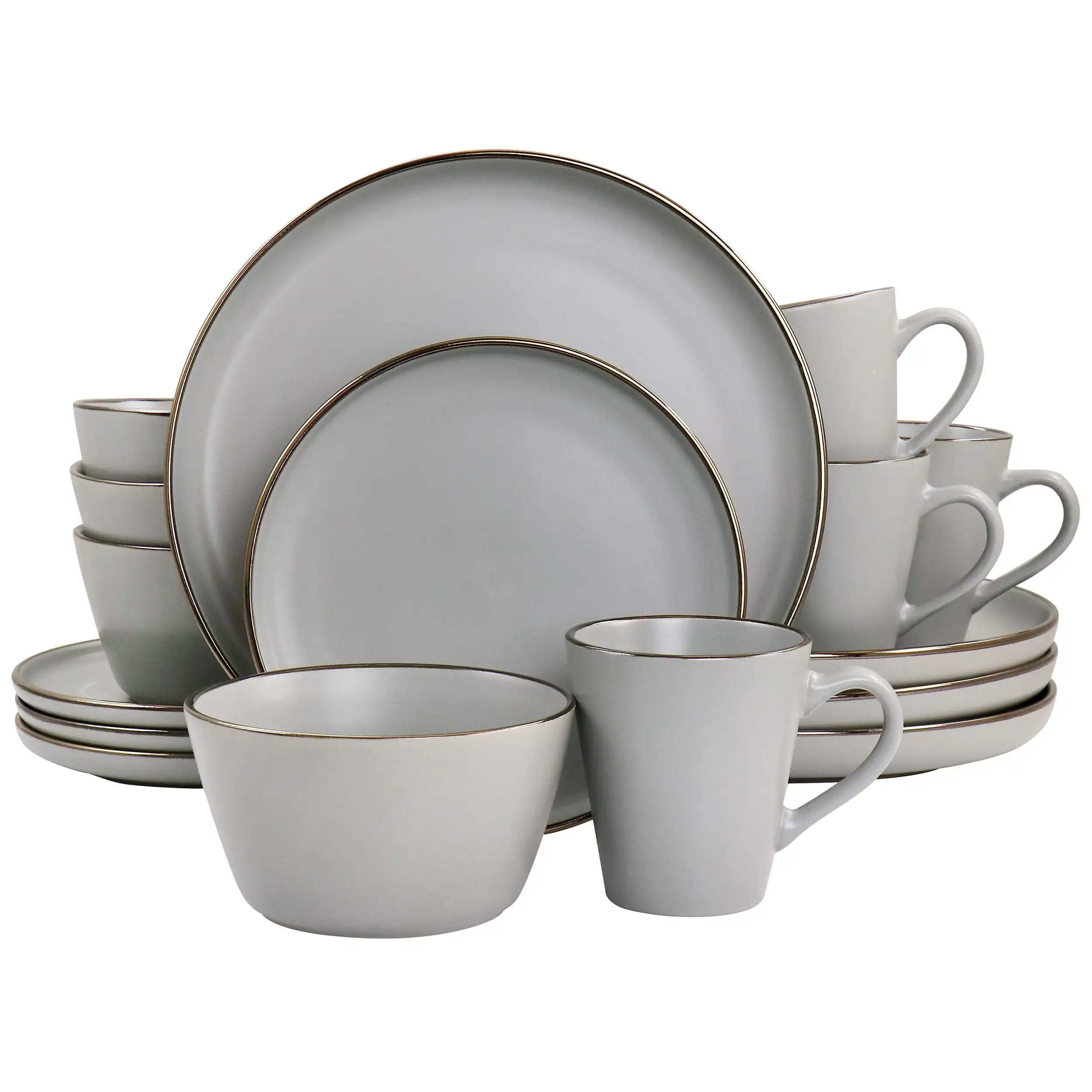 

Louis 16 Piece Stoneware Dinnerware Set in Matte Slate with Gold Rim