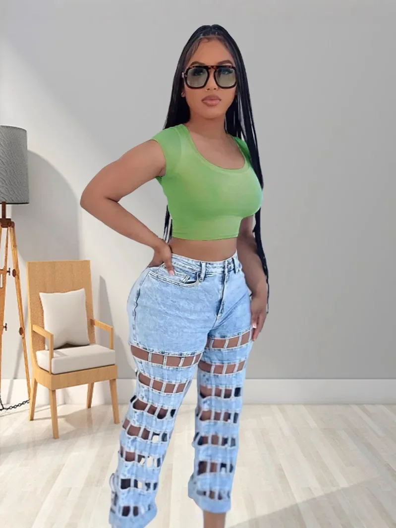 Celana Jeans Wanita Model Straight High Waist Vintage Ripped dengan Lubang dan Detail Distressed, Resleting, Panjang Ankle