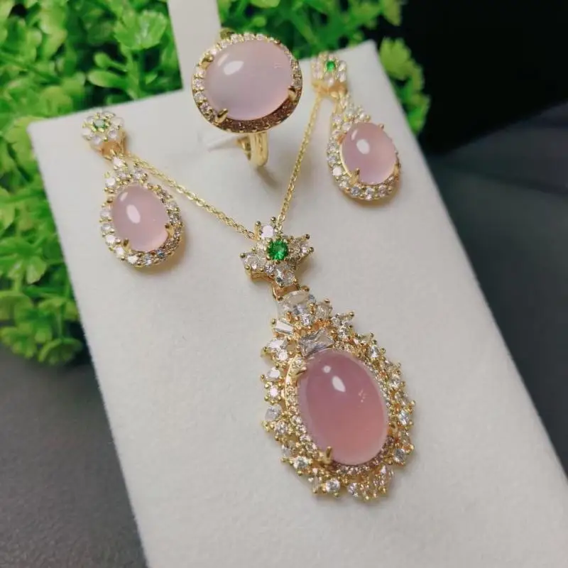 Women Pink Jade Jewelry Set Genuine Myanmar Jadeite Emerald Zircon Oval Pendant Necklace Earring Ring Jade Luxury Jewelries Sets